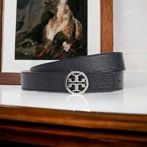 Tory Burch Black Leather Belt with Silver Logo Buckle